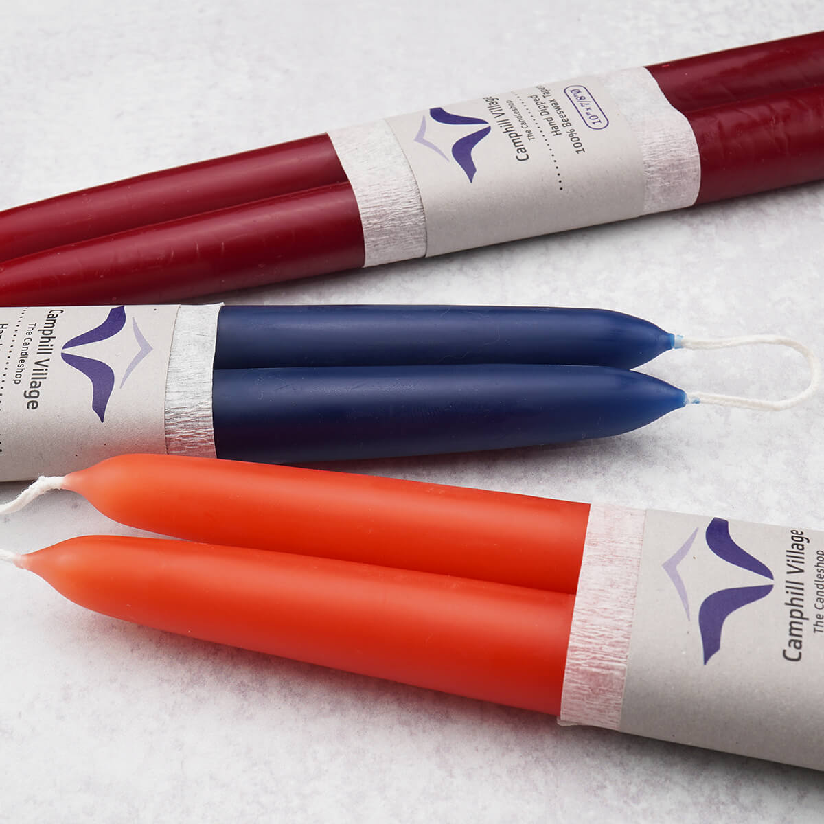 Natural beeswax looped taper candles colored